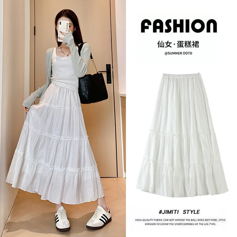 白色蛋糕裙女春秋新款韩系温柔风高腰显瘦百搭半身裙松紧腰中长裙