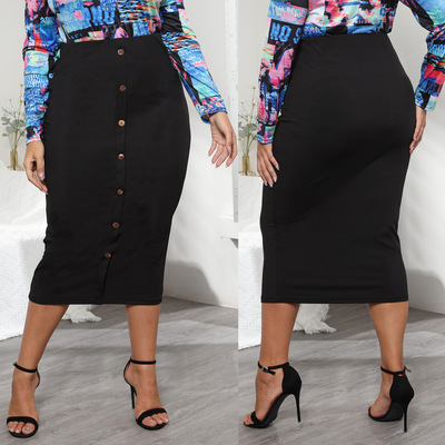 跨境大码女装女士裙子一排扣修身包臀罗纹中长款半身裙200852