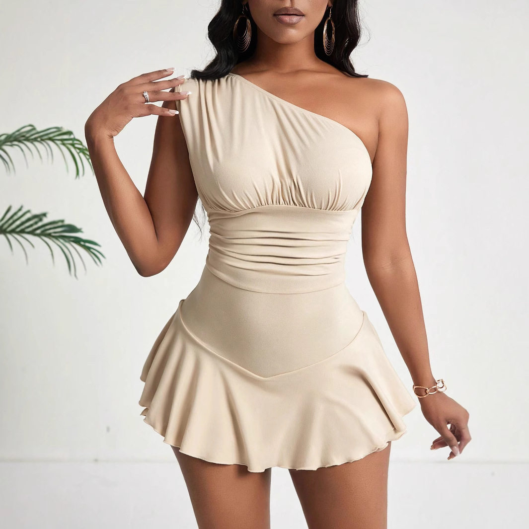 2026春夏新款亚马逊跨境女装优雅知性风连衣裙斜领高腰飞边短裙