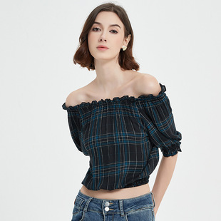 夏季短袖露肩性感辣妹上衣女高腰一字领露脐装复古格子小衫