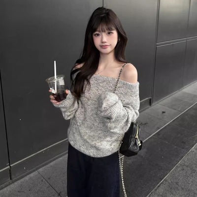 灰色露肩韩系套头毛衣女秋慵懒风宽松休闲显瘦气质小个子长袖上衣