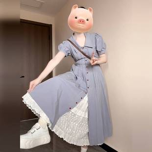 气质收腰高级小个子长裙 蓝色polo衬衫 连衣裙子女夏季 2025新款 法式