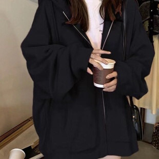春秋新款黑色连帽卫衣女宽松慵懒风加绒chic小众上衣韩版