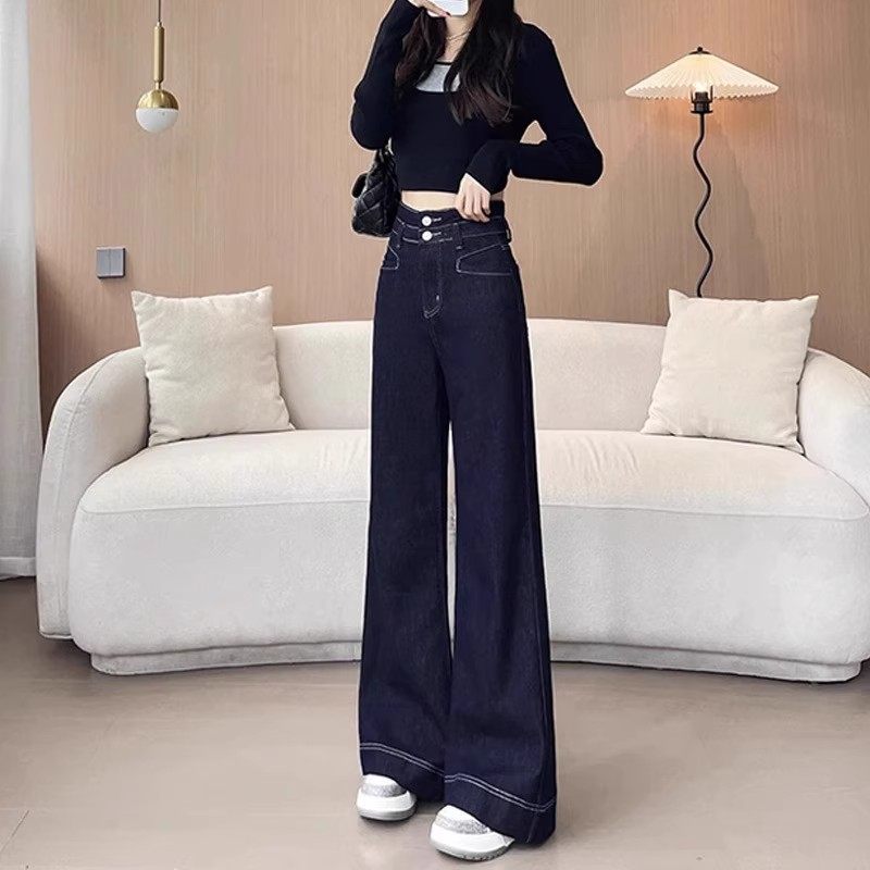 美式复古微喇加绒牛仔裤女秋冬季加厚保暖高腰直筒不贴腿直筒裤子