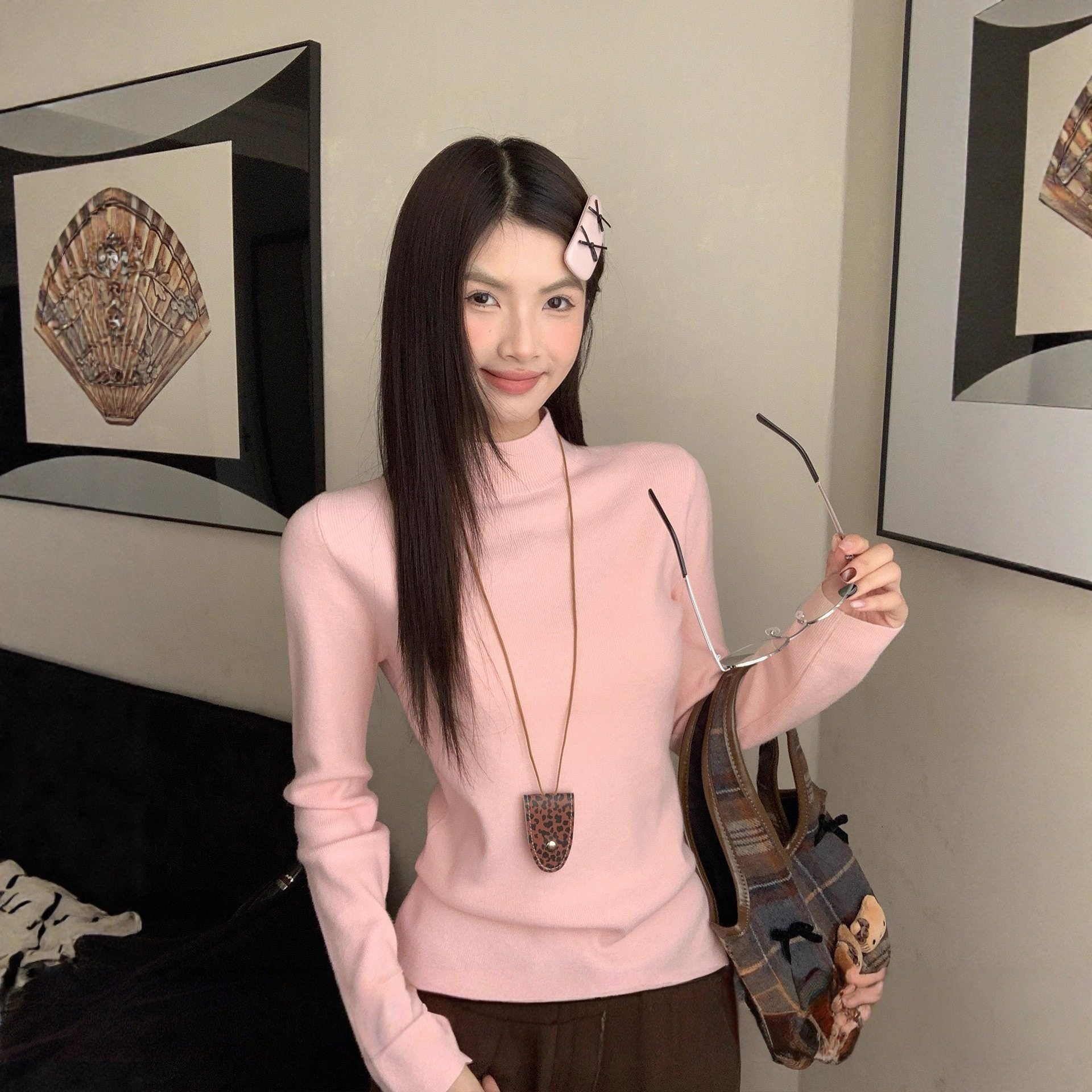 粉色毛衣女秋冬内搭半高领打底衫2025新款修身显瘦洋气百搭上衣