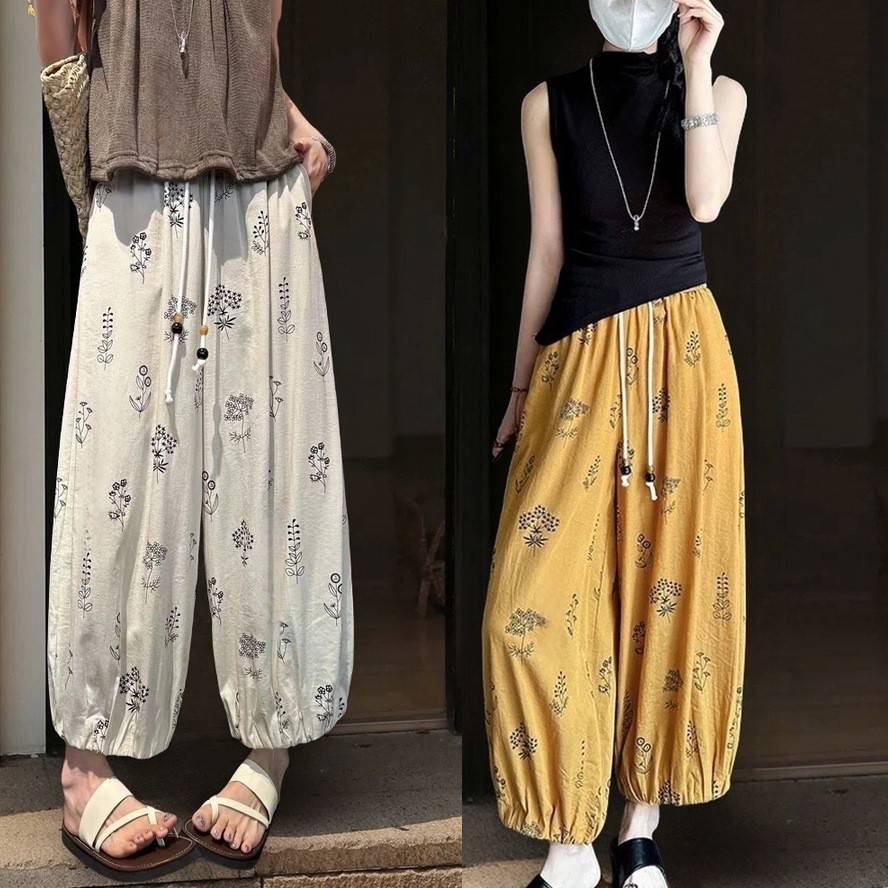 碎花棉麻阔腿裤女2025新款夏薄款灯笼裤奶奶裤大码亚麻哈伦休闲裤