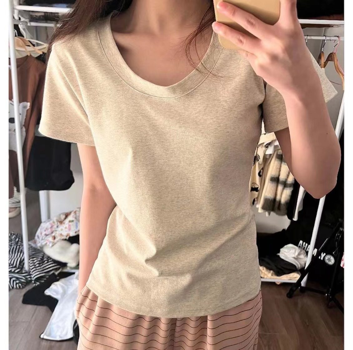 正肩短袖U领t恤女装夏季新款纯棉修身低圆领基础款爆款上衣包邮