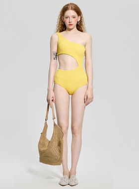 高端定制柠檬黄色单肩小胸聚拢性感连体比基尼显瘦温泉度假泳衣女