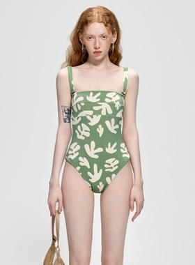夏日绿色印花显白小胸聚拢遮肚显瘦温泉度假沙滩连体保守泳衣女