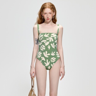 夏日绿色印花显白小胸聚拢遮肚显瘦温泉度假沙滩连体保守泳衣女