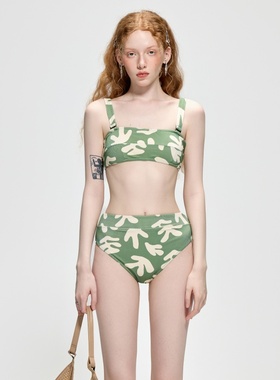 高端定绿色印花分体性感比基尼小胸聚拢遮肚显瘦温泉度假泳衣女