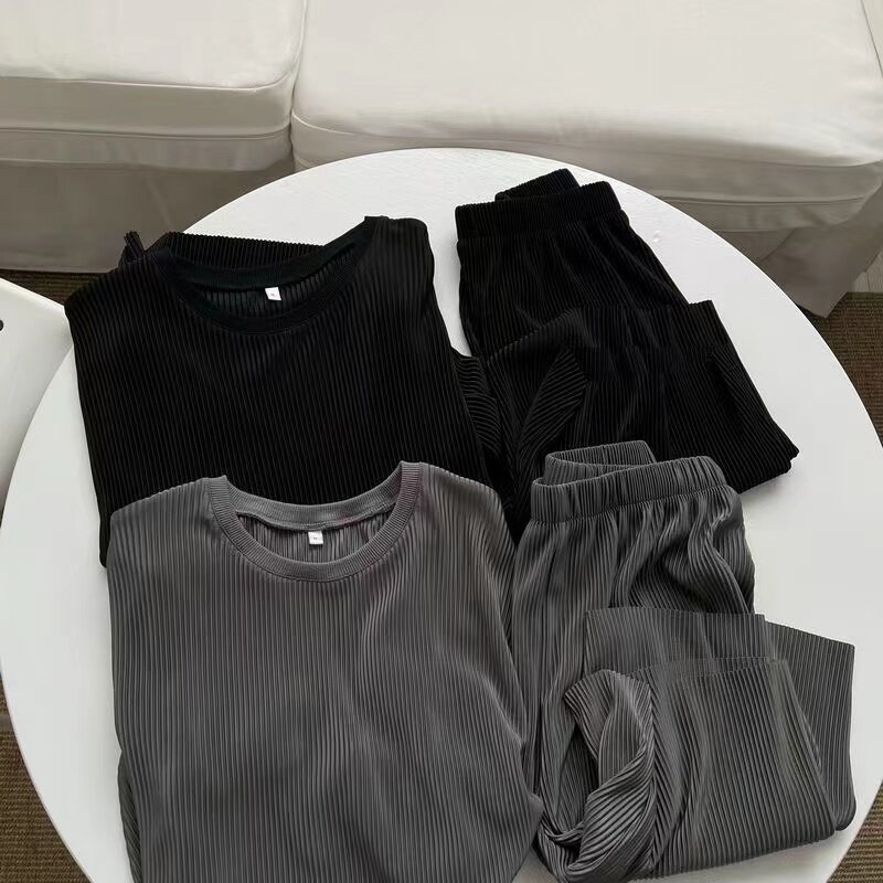 아이스 실크 스포츠 정장 남성용 플러스 사이즈 플러스 사이즈 300 파운드 여름 루즈 캐주얼 티셔츠 반바지 반팔 투피스 트렌디 세트