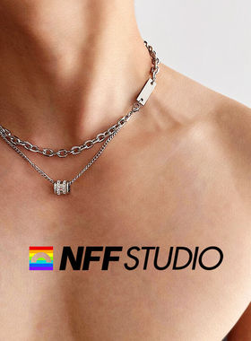 NFF原创潮双层叠戴镶钻转运吊坠钛钢项链男嘻哈高级感锁骨链百搭