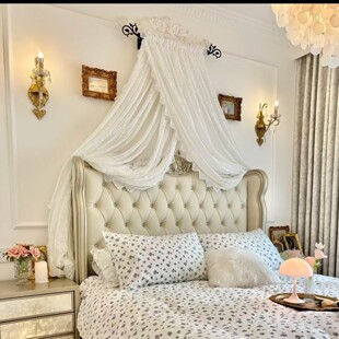 法式床幔公主蕾丝装饰床头纱交叉一字杆简约门帘艺术杆美式中古风