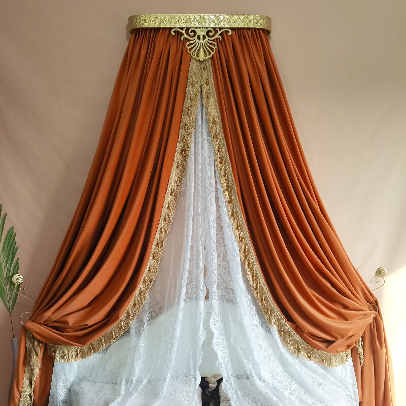 法式风情丝绒床幔蕾丝纱流苏装饰公主风爱马橙欧式绒布床头帘轻奢