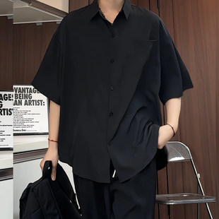 宽松简约百搭休闲白色衬衣半袖 夏季 男短袖 黑色冰丝衬衫 上衣 薄款