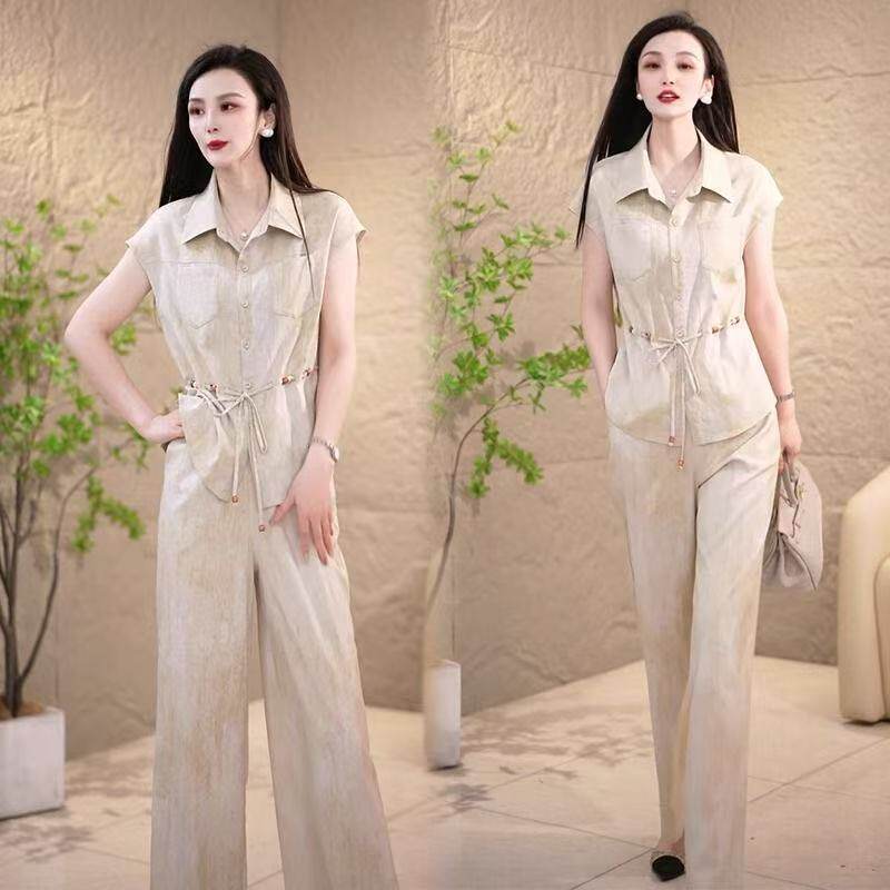 时尚洋气套装女夏装新款收腰减龄短袖衬衫休闲阔腿裤气质两件套潮