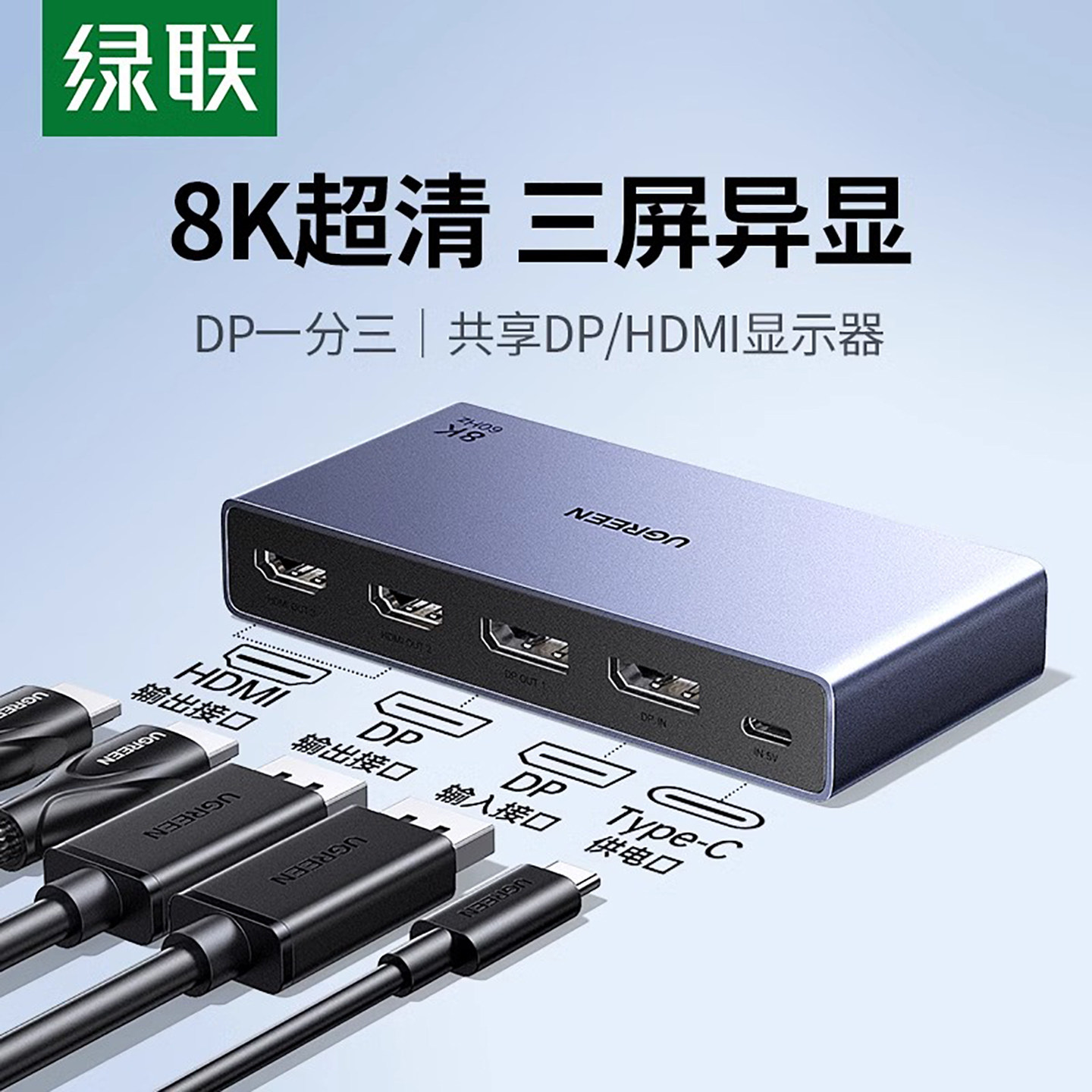 绿联DP分配器一分三同时显示一进三出分屏器8K高清线接电脑二HDMI同显异显转换一拖三扩展切换画面同屏共享