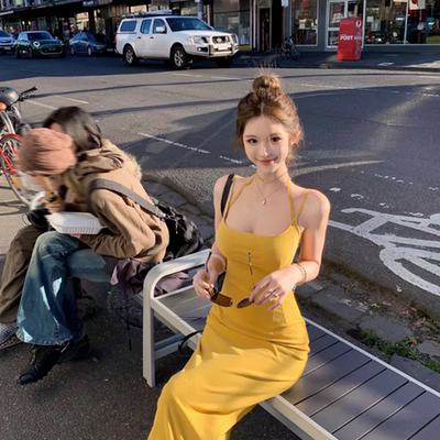 JMSHOP 辣妹肯豆裙 纯欲曼妙挂脖吊带连衣裙女初秋修身中长款裙子