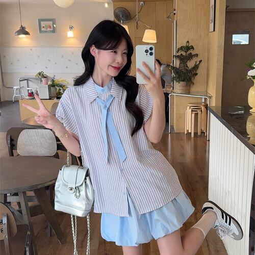 实拍 夏季新款领带短袖衬衫花苞裙三件套装