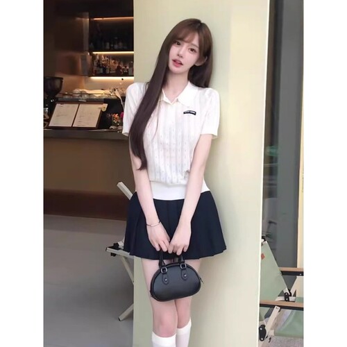 miu系白色polo衫针织短袖t恤女夏季冰丝韩版撞色翻显瘦领翻领上衣