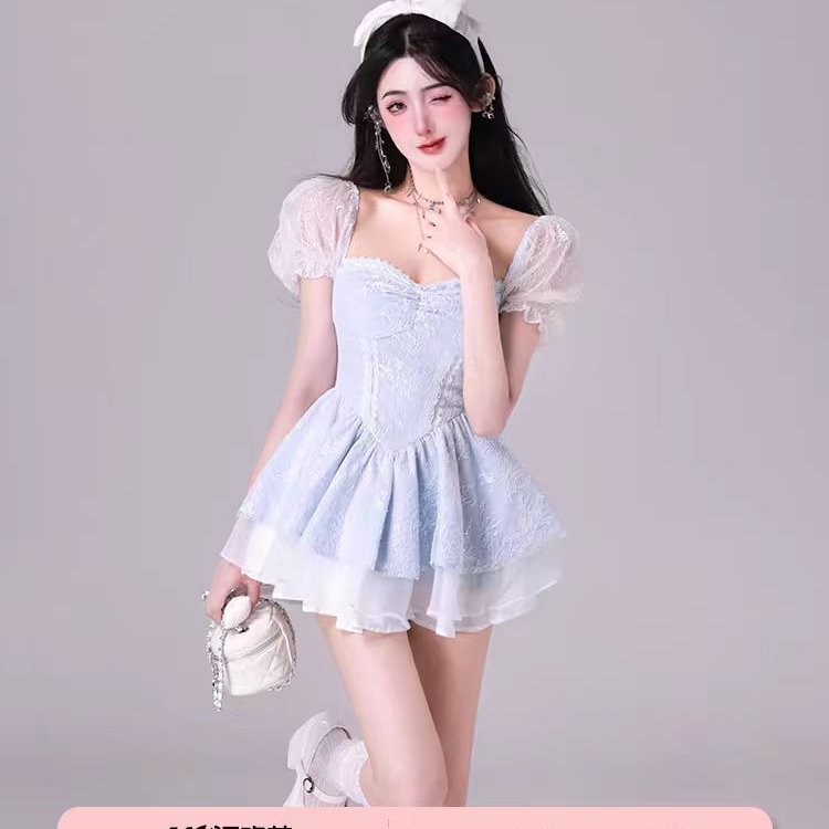JOYKIKI金金酷酷哒玻璃云岛夏季公主蕾丝拼接重工蓬蓬连衣裙