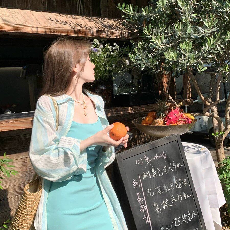 Ashy Snow 薄荷曼波 条纹衬衫+针织吊带短裙套装女夏季清凉两件套