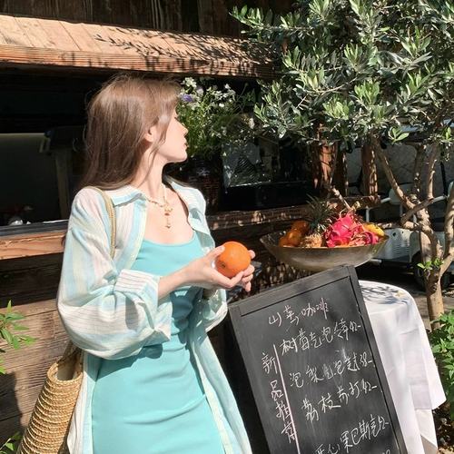 Ashy Snow 薄荷曼波 条纹衬衫+针织吊带短裙套装女夏季清凉两件套