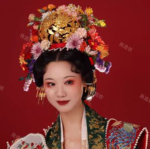 出租良造坊3D打印宋冠团冠珍珠花冠对簪宋制新娘发饰头饰大头妆造