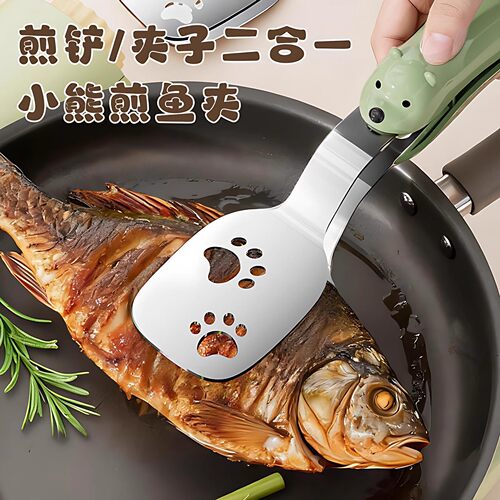 不锈钢小熊煎铲夹子家用二合一烤肉烧烤煎铲多功能锅铲夹加厚铲勺
