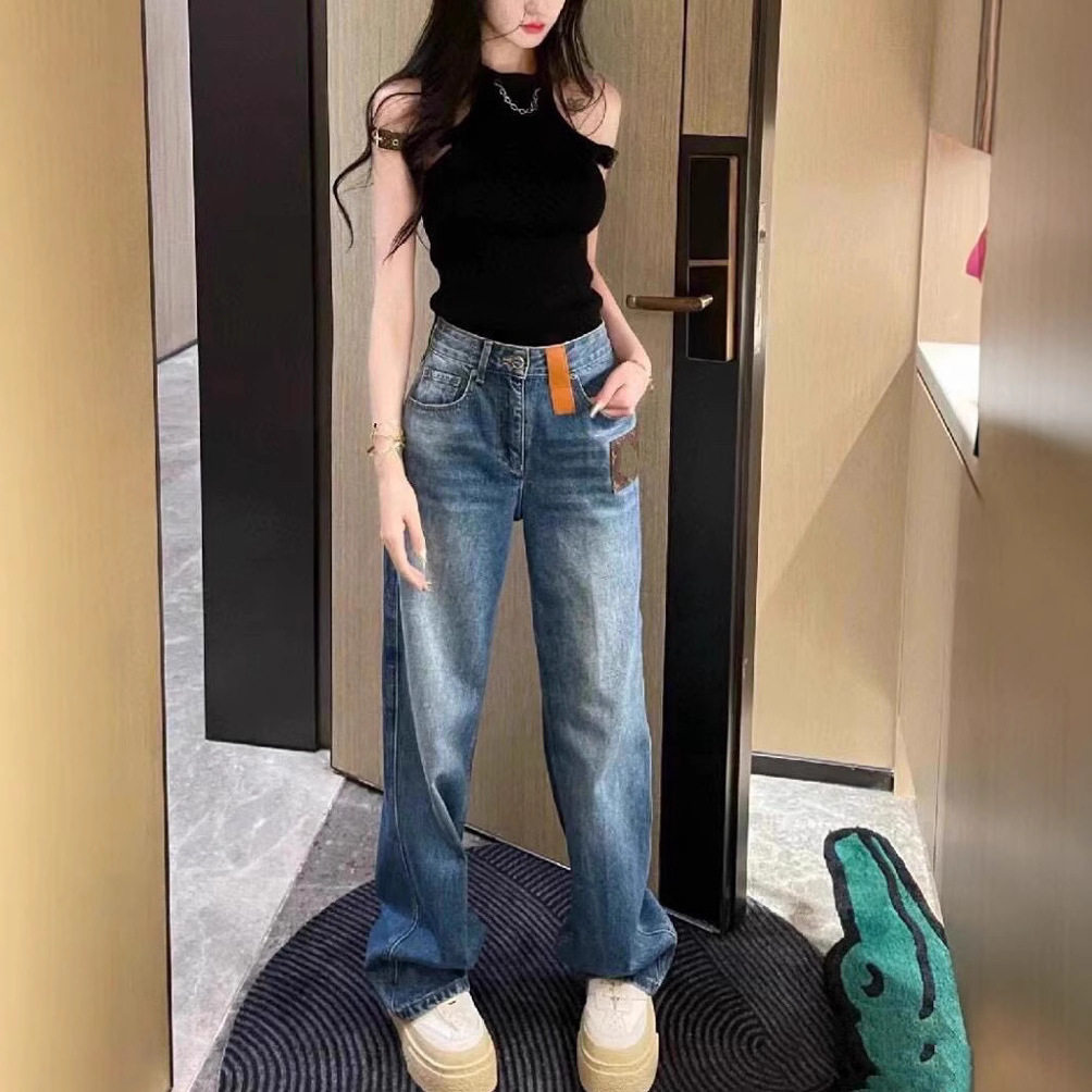 深圳南油高端马户家皮标阔腿牛仔裤女春秋新款高腰裤欧阳娜娜同款