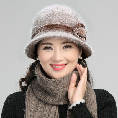 老太太妈妈兔毛加绒奶奶围巾帽子