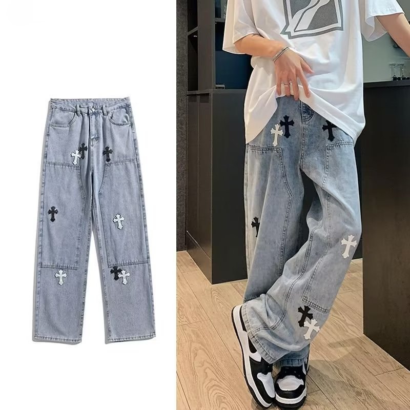十字架牛仔裤男夏季vibe风高街ins潮牌直筒阔腿裤宽松设计感小众