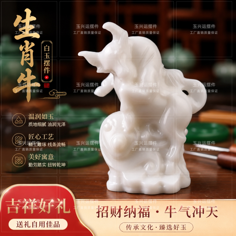 白玉生肖牛摆件如意玉石牛气冲天招财牛扭转乾坤镇宅风水牛装饰品