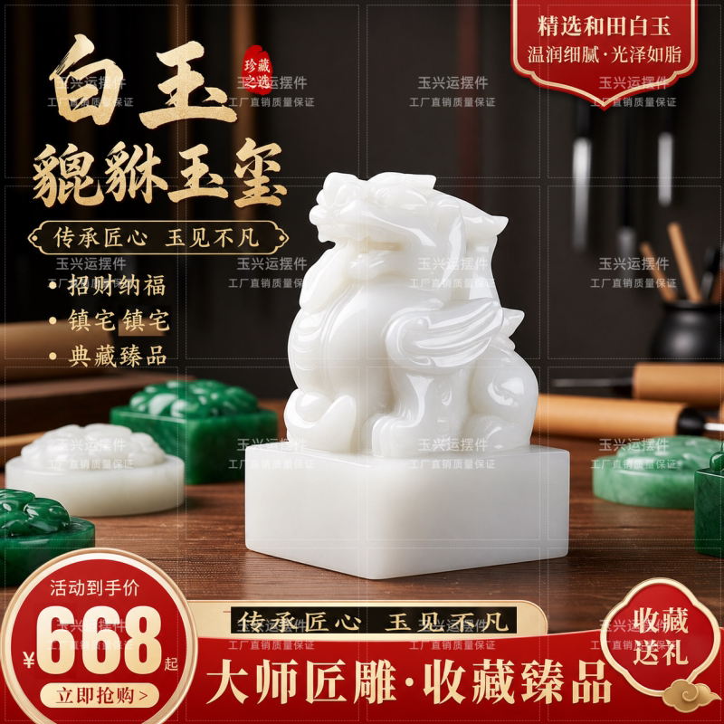 天然白玉石貔貅玉玺摆件招财镇宅风水印章客厅办公室开业乔迁送礼