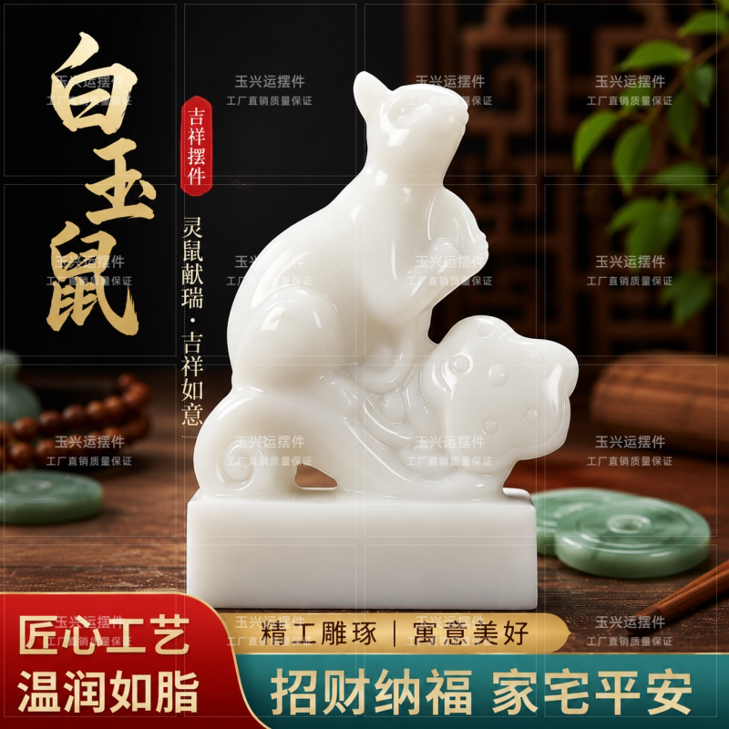白玉如意鼠摆件灵鼠献瑞招财纳福客厅玄关生肖鼠风水玉石工艺礼品