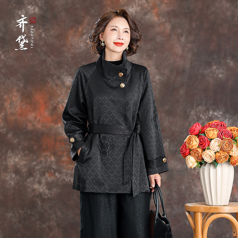 齐黛高端真丝桑蚕丝外套女2025秋季新款复古洋气提花妈妈短款风衣