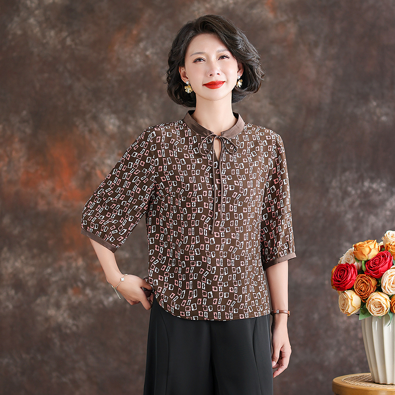 齐黛杭州名牌真丝上衣女2025夏新款五分袖优雅百搭桑蚕丝妈妈衬衫
