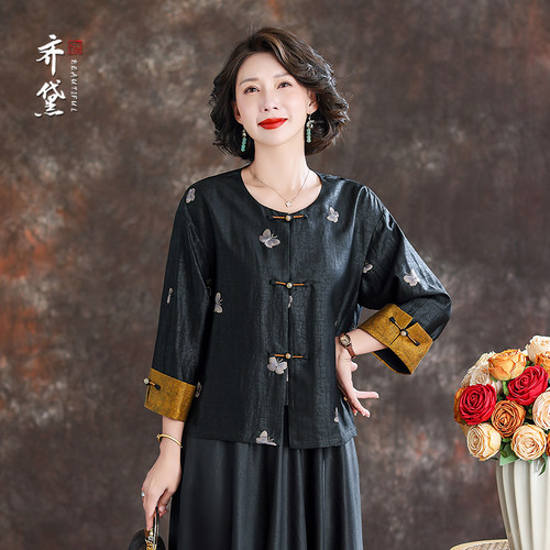 齐黛真正的香云纱上衣女2025夏季新款新中式刺绣复古真丝衬衫外套