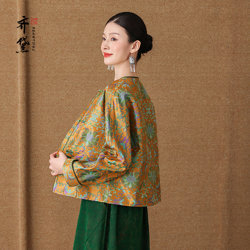 齐黛品牌高端大气新中式蜀锦真丝上衣女2025秋新款妈妈桑蚕丝外套