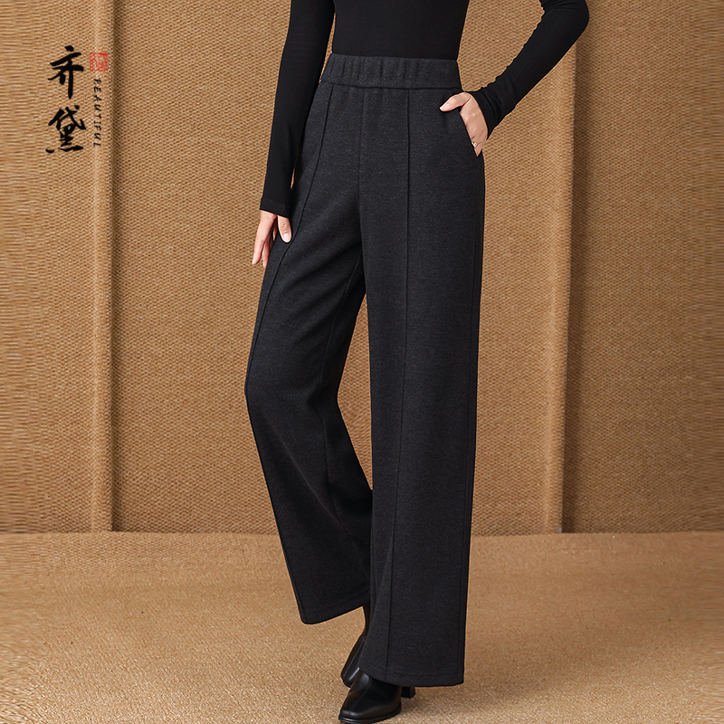齐黛黑色羊毛休闲裤女2025秋冬新款松紧腰加厚显瘦长裤妈妈阔腿裤