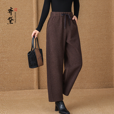 棕色中年妈妈休闲裤女2025秋冬新款时尚松紧腰系带九分直筒阔腿裤