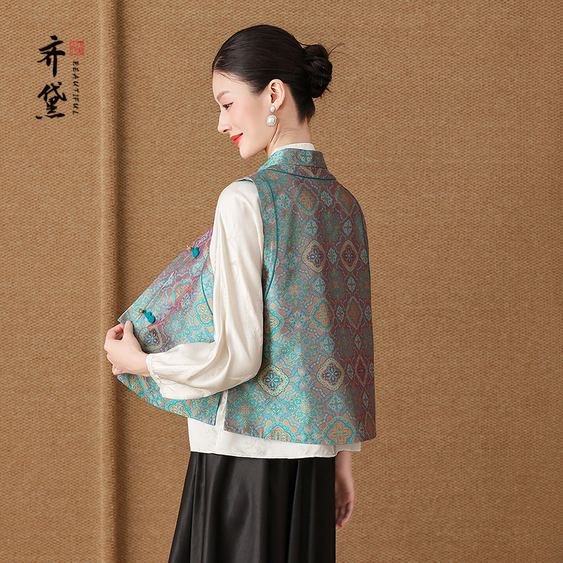 齐黛品牌高端蜀锦真丝马甲女2025秋季新款马夹桑蚕丝背心气质外套
