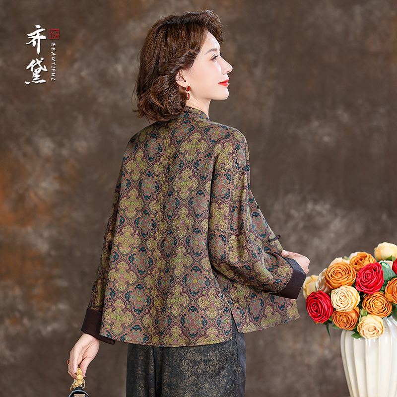 宝相花香云纱春秋上衣2025秋季新款 重磅35姆米长袖立领盘扣外套