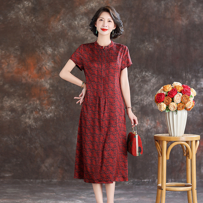 齐黛红色真丝2025新款连衣裙夏季短袖喜婆婆婚宴礼服妈妈桑蚕丝裙