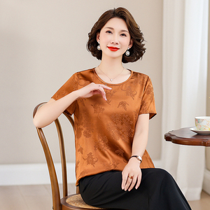 齐黛国际大牌真丝上衣女2025夏季新款短袖衬衫圆领五分袖T恤衬衣