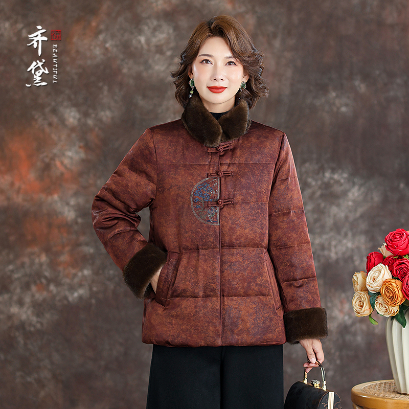 中年妈妈五十多岁洋气羽绒服女2025冬季新款毛领复古鸭绒服短外套