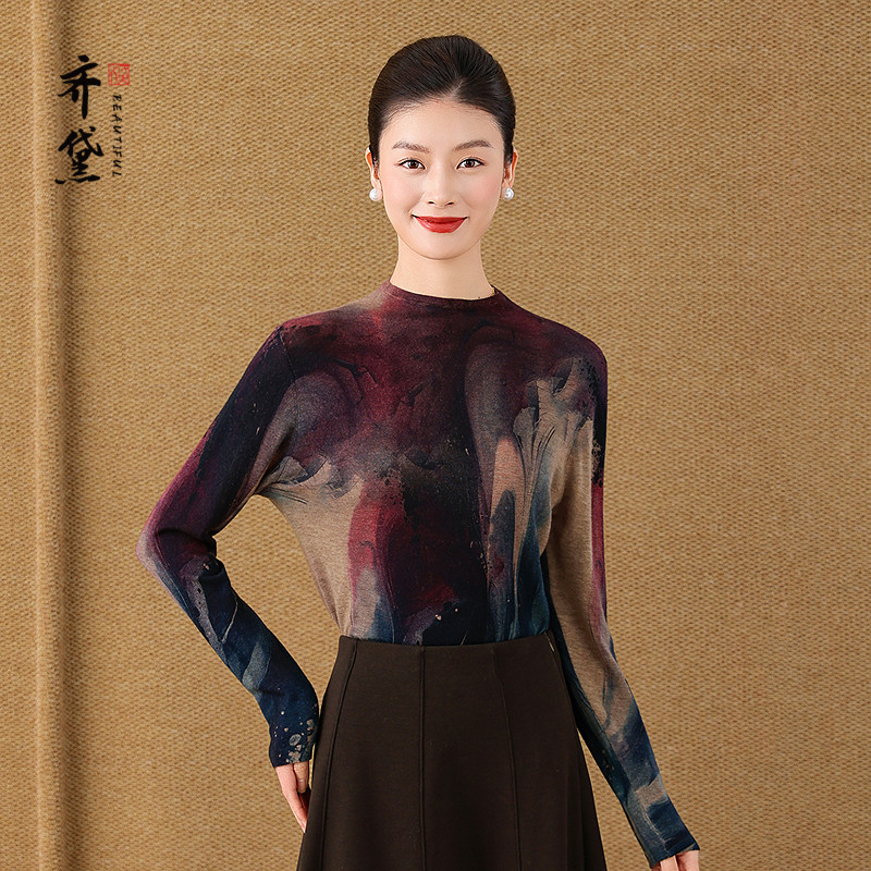 超细水溶羊毛打底衫女正品高档2025冬季新款印花妈妈内搭薄款毛衣