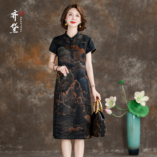 复古中式 旗舰店连衣裙女2025新款 桑蚕丝真丝裙 正品 香云纱高端女装