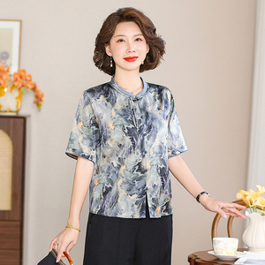 齐黛品牌中老年新中式真丝衬衫女2025春夏新款圆领印花桑蚕丝上衣